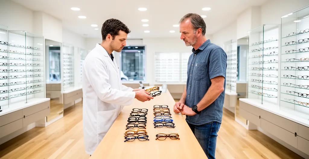 Opticien présentant des montures à un client pour illustrer le remboursement optique