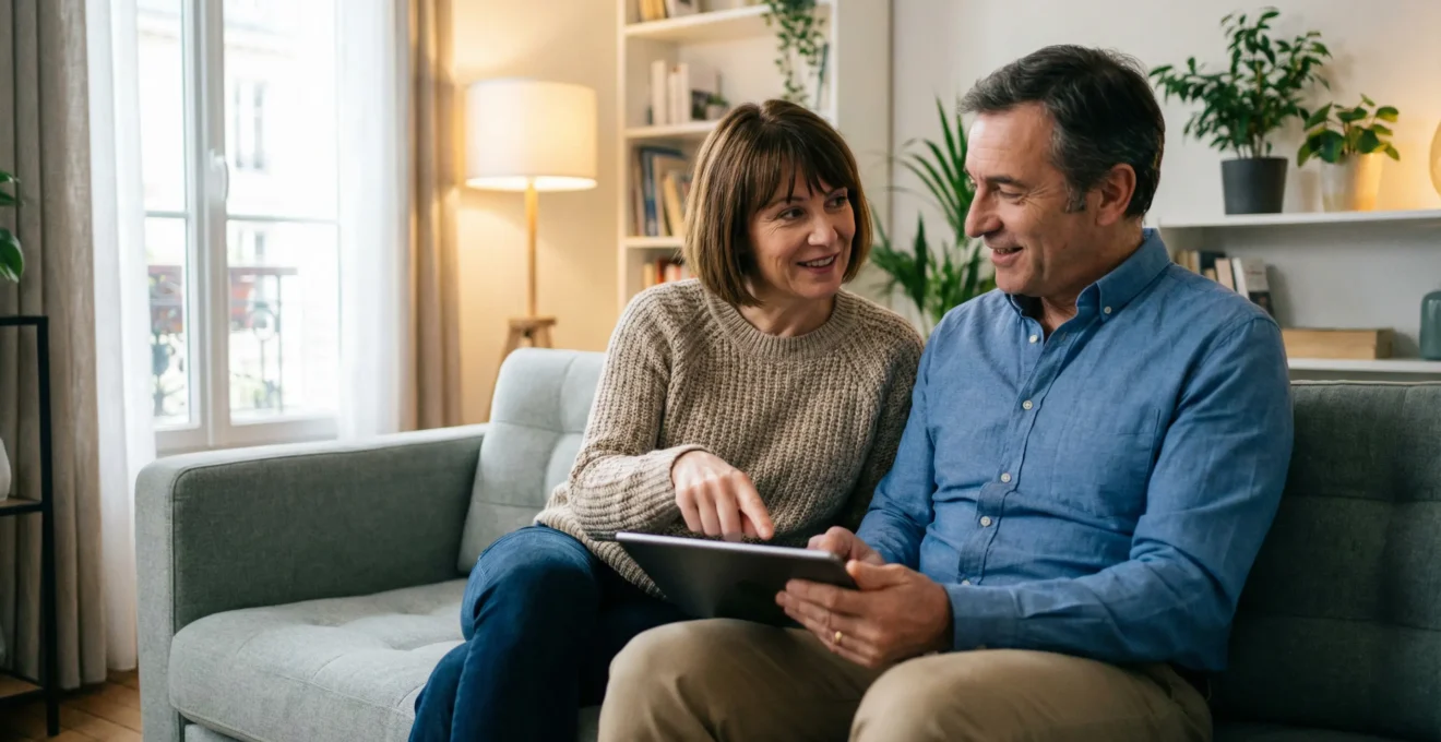 Couple quarantenaire analysant un devis mutuelle santé sur tablette dans leur salon